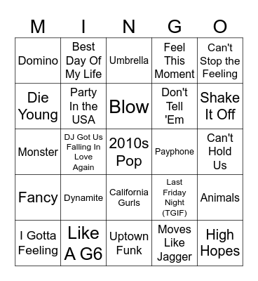 2010's Pop Bingo Card