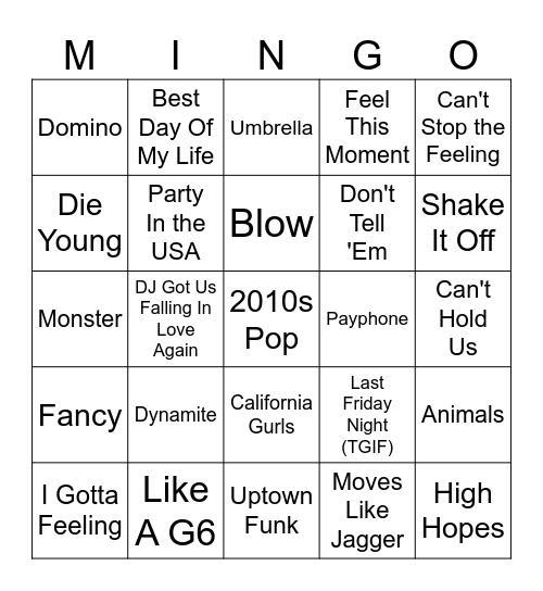 2010's Pop Bingo Card