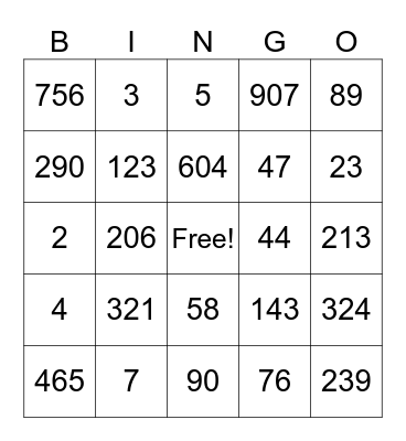 Place Value Bingo Card