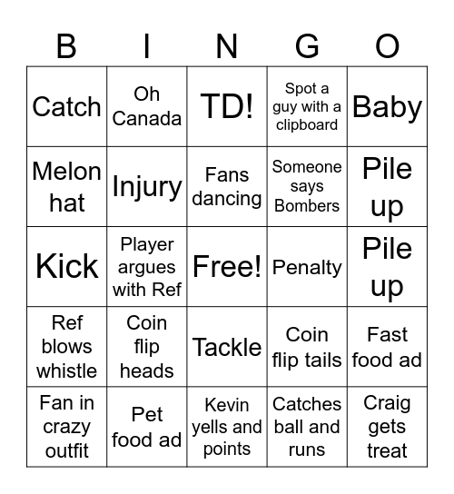 Grey Cup Bingo Card