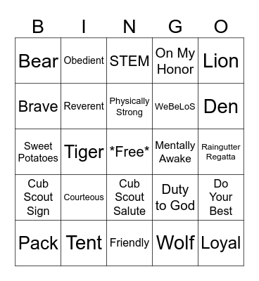 Cub Scout Bingo Card