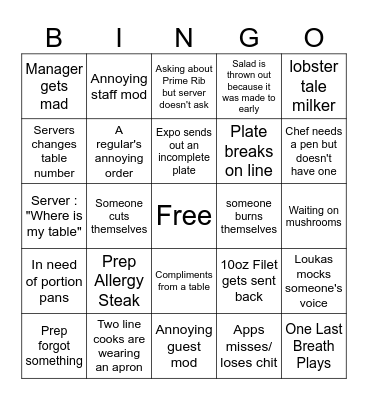 Keg Kitchen Bingo Card
