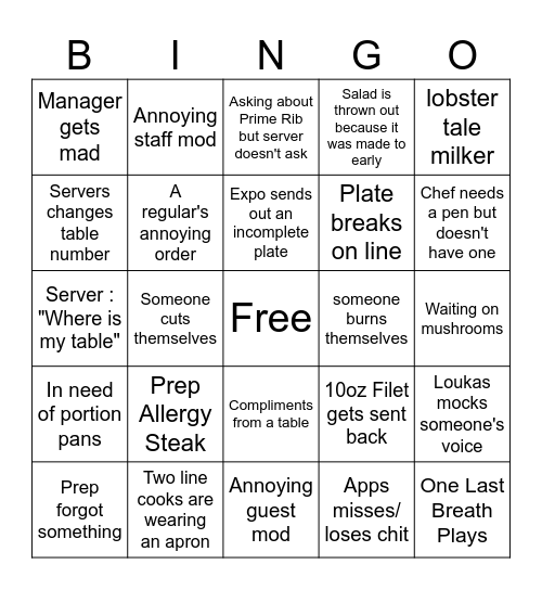 Keg Kitchen Bingo Card