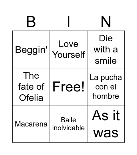 Musical Bingo Card