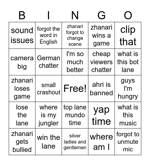Zhanari Bingo Card