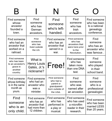 Genealogy Bingo Card