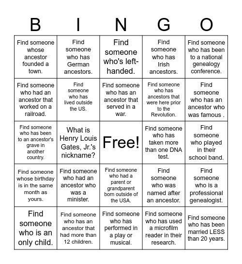 Genealogy Bingo Card