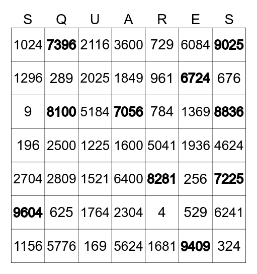 Squares Bingo Card