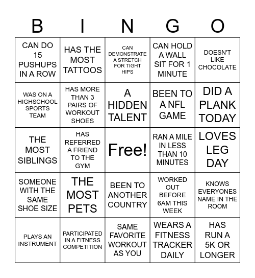 LIFETIME FITNESS Bingo Card
