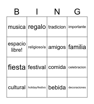 U5. Act 2. Bingo sobre los festivos Bingo Card