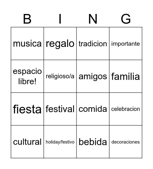 U5. Act 2. Bingo sobre los festivos Bingo Card