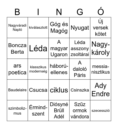 Ady Endre élete, költészete Bingo Card