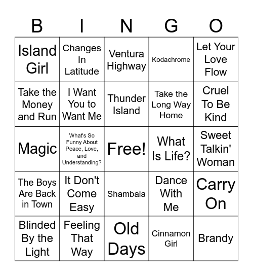 70's Feel Good Hits Bingo Card