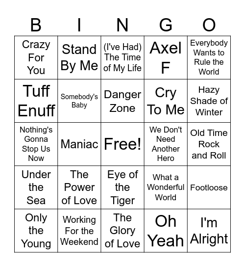 80's Movie Hits Bingo Card