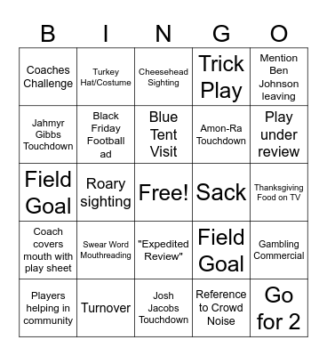 Thanksgiving Football Bingo Card
