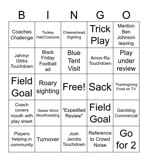 Thanksgiving Football Bingo Card
