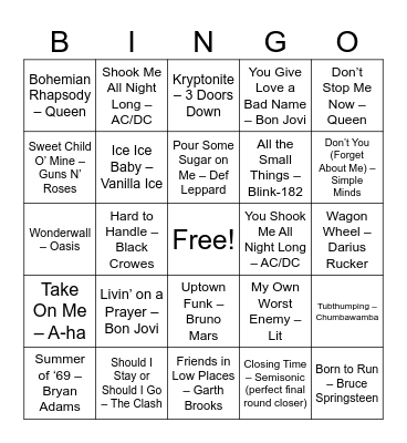 ROUND 4 — Bar Anthems & Classic Karaoke Killers  AKA: “No one leaves until someone sings Journey.” Bingo Card