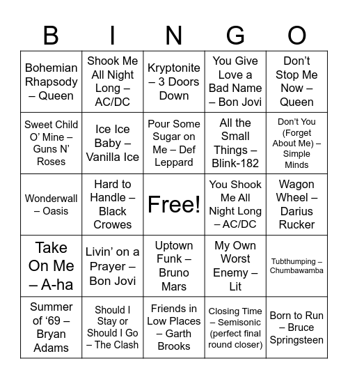 ROUND 4 — Bar Anthems & Classic Karaoke Killers  AKA: “No one leaves until someone sings Journey.” Bingo Card