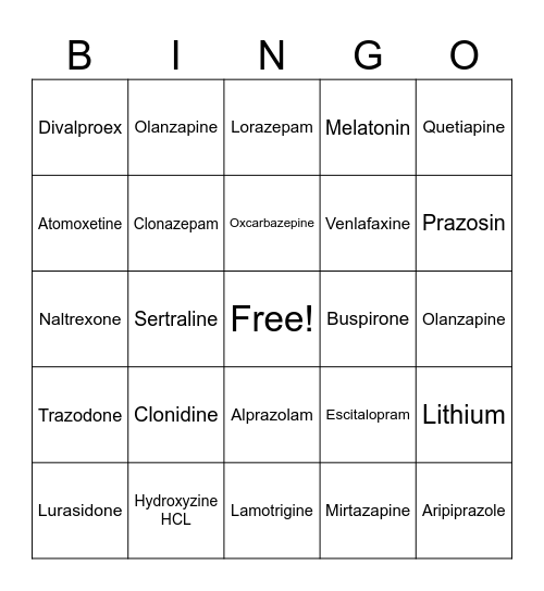 Medication Bingo Card