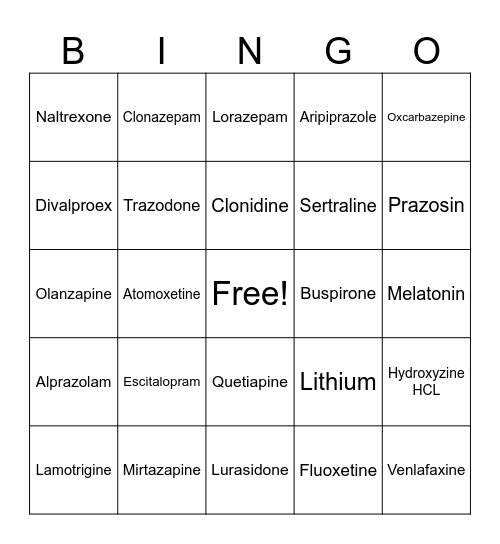 Medication Bingo Card