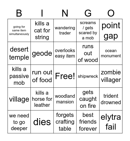 Minecraft bingo bingo Card