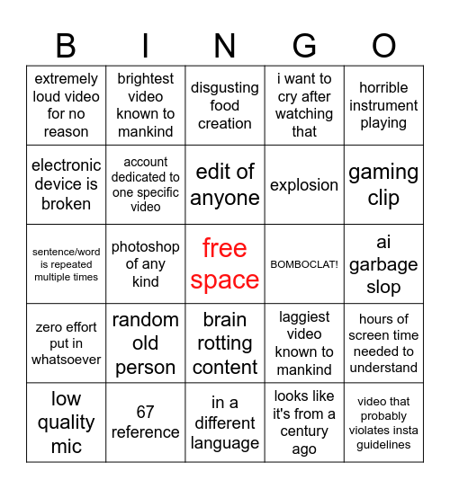 instagram reels bingo Card