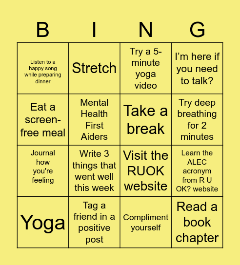 R U OK? Day Bingo Card