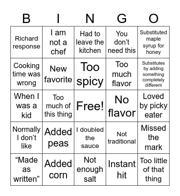 NYT Cooking Commentary Bingo Card