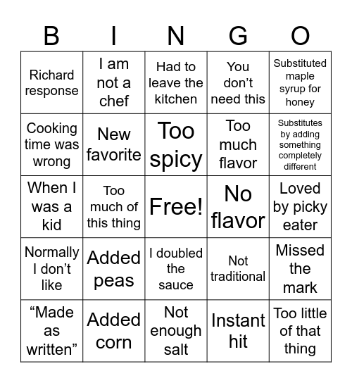 NYT Cooking Commentary Bingo Card