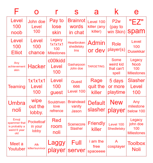 Roblox Forsaken Bingo!! Bingo Card