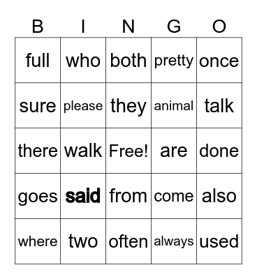 Trick Word BINGO Card