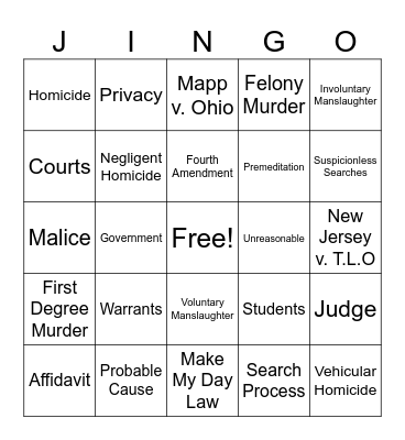 Search and Seizure and Crimes Jingo Bingo Card