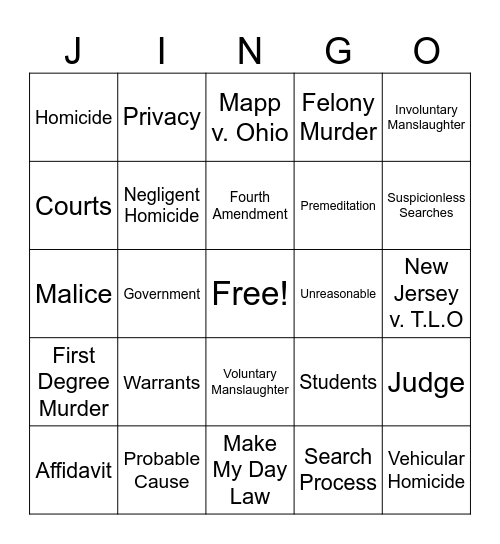 Search and Seizure and Crimes Jingo Bingo Card
