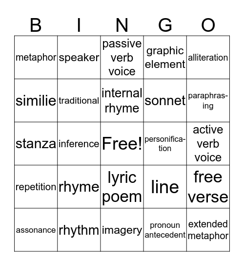 Poetry Bingo Card