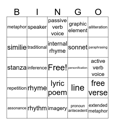 Poetry Bingo Card