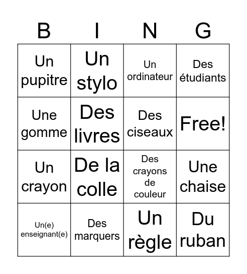 Dans ma salle de classe Bingo Card