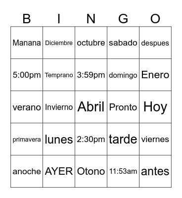Spanish Bingo Card