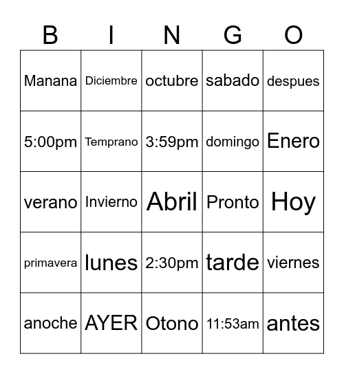 Spanish Bingo Card