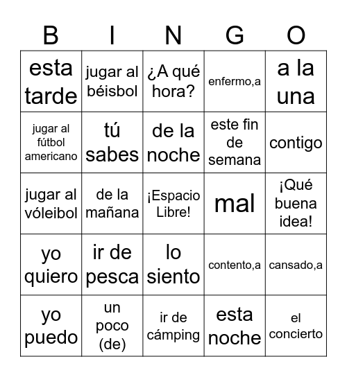Capítulo 1-4B Vocabulario Bingo Card