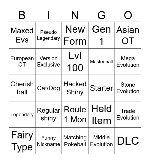 Wondertrade Bingo Card