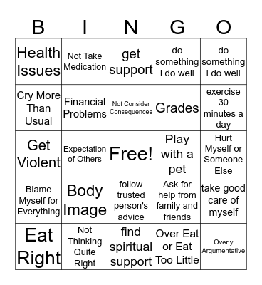 Coping Skill Bingo Card