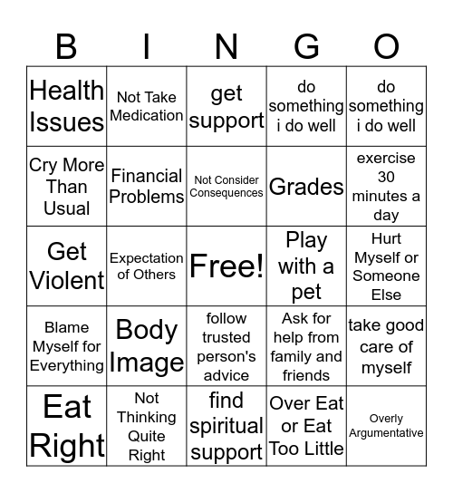 Coping Skill Bingo Card