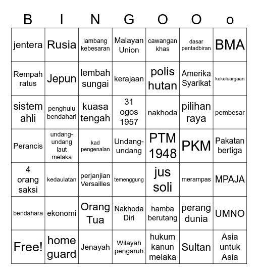 Sejarah Tingkatan 4 Bingo Card
