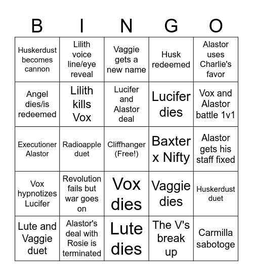 Hazbin S2 Finale Bingo Card