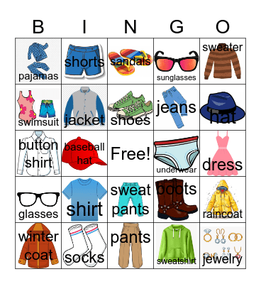 Clothing Bingo Card