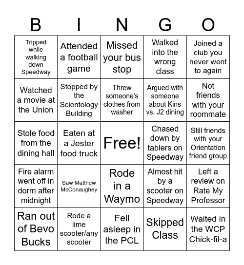 UT Austin Bingo Card
