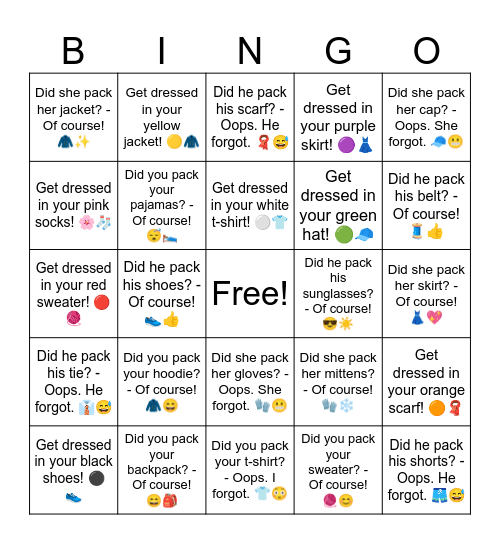 B5 L4 Did you pack your backpack? - Of course! 😄🎒 Bingo Card