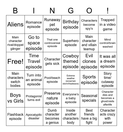 Cartoon episode tropes Bingo Card