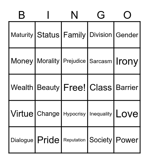 Pride and Prejudice Bingo Card
