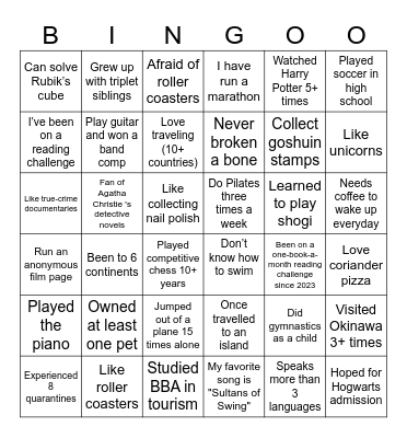 Fun facts Bingo Card